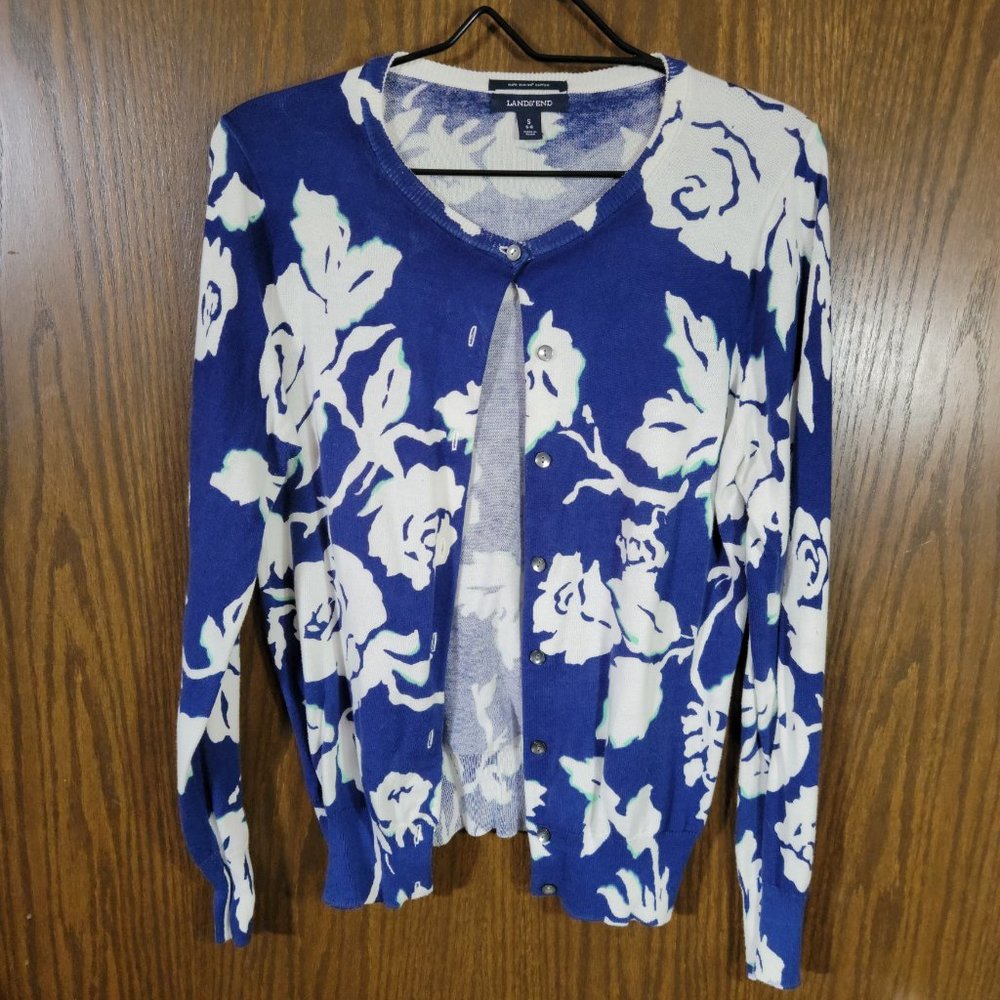 Lands End Supima Cotton Blue and White Floral Cardigan Size Small